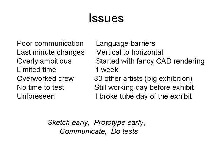 Issues Poor communication Last minute changes Overly ambitious Limited time Overworked crew No time