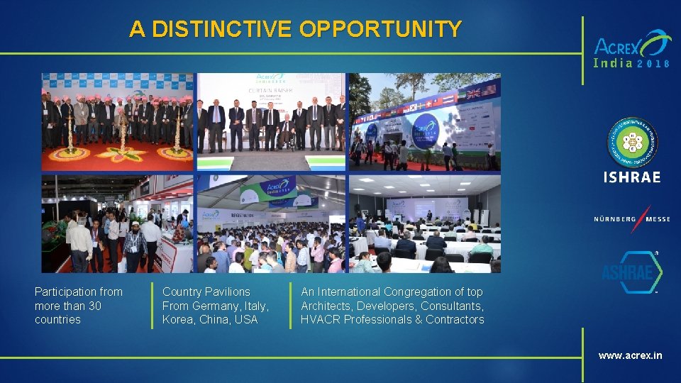 A DISTINCTIVE OPPORTUNITY Participation from more than 30 countries Country Pavilions From Germany, Italy,