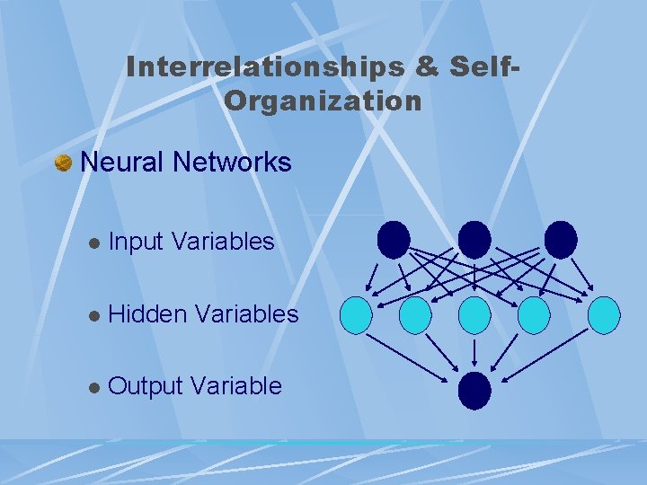 Interrelationships & Self. Organization Neural Networks l Input Variables l Hidden Variables l Output