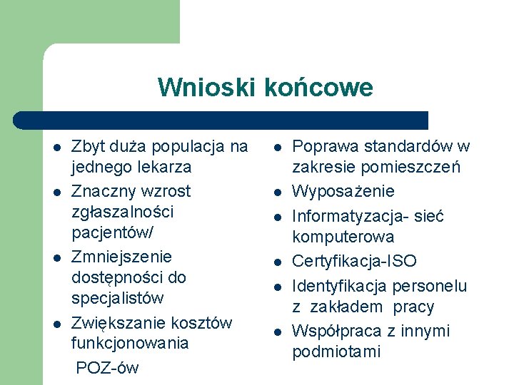 Wnioski końcowe l l Zbyt duża populacja na jednego lekarza Znaczny wzrost zgłaszalności pacjentów/