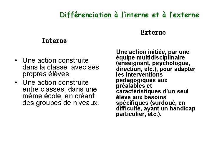 Différenciation à l’interne et à l’externe Externe Interne • Une action construite dans la