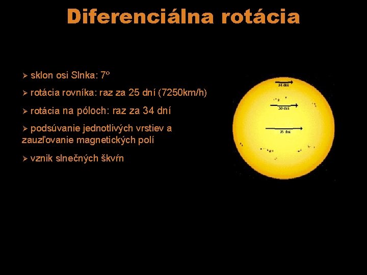 Diferenciálna rotácia Ø sklon osi Slnka: 7º Ø rotácia rovníka: raz za 25 dní