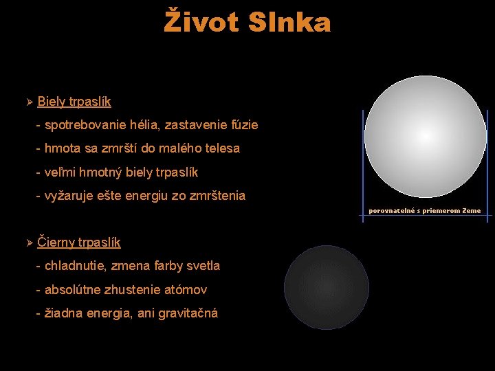 Život Slnka Ø Biely trpaslík - spotrebovanie hélia, zastavenie fúzie - hmota sa zmrští