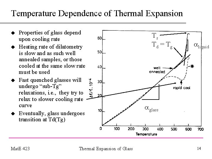 Temperature Dependence of Thermal Expansion u u Properties of glass depend upon cooling rate