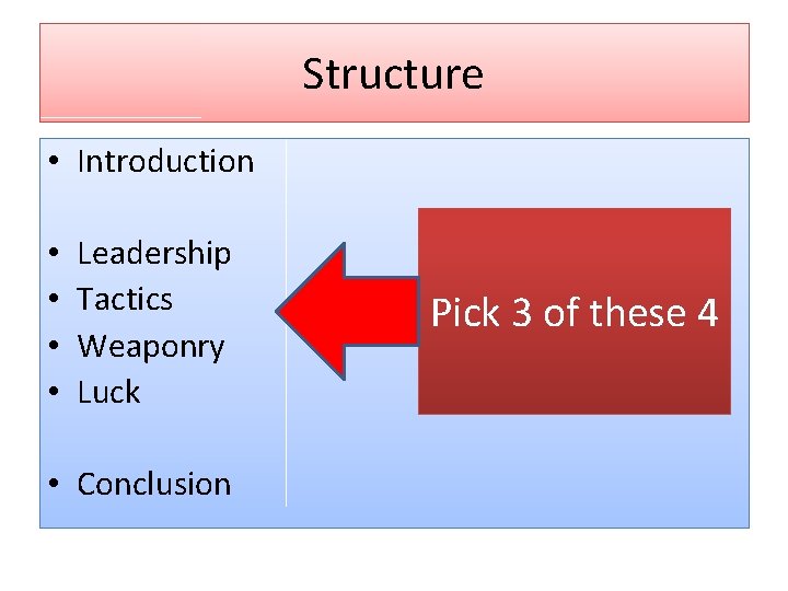 Structure • Introduction • • Leadership Tactics Weaponry Luck • Conclusion Pick 3 of