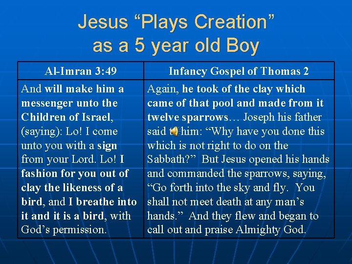 Jesus “Plays Creation” as a 5 year old Boy Al-Imran 3: 49 Infancy Gospel