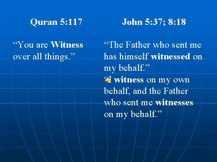 Quran 5: 117 “You are Witness over all things. ” John 5: 37; 8: