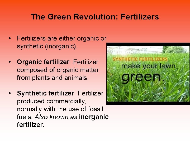 The Green Revolution: Fertilizers • Fertilizers are either organic or synthetic (inorganic). • Organic The Green Revolution: Fertilizers • Fertilizers are either organic or synthetic (inorganic). • Organic