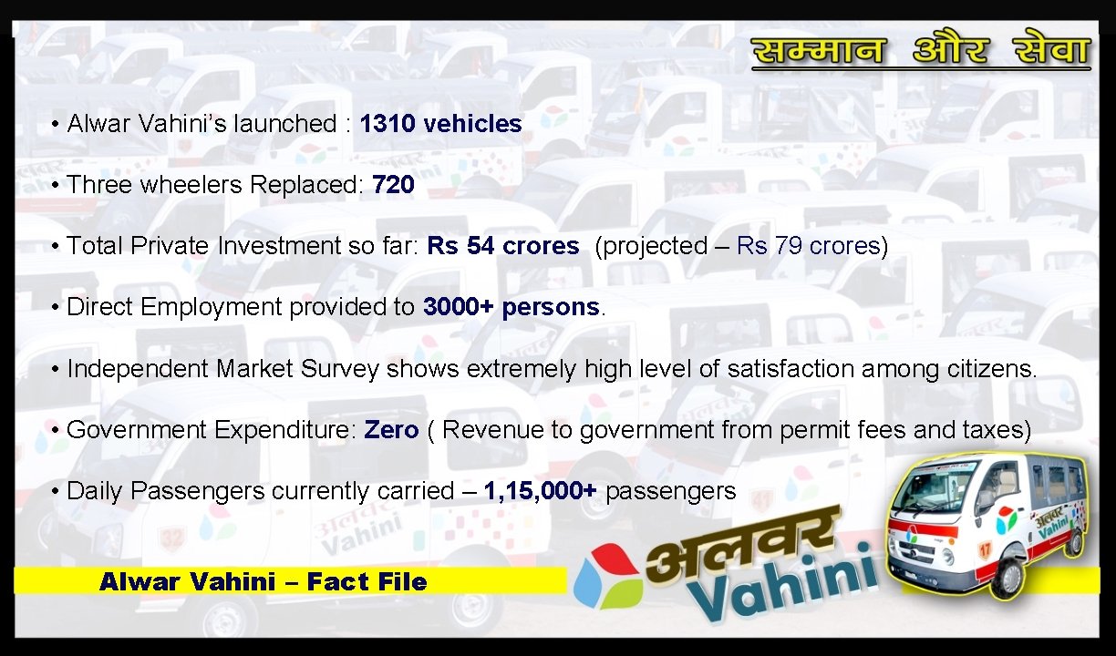  • Alwar Vahini’s launched : 1310 vehicles • Three wheelers Replaced: 720 •
