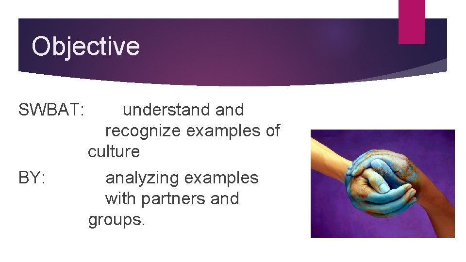 Objective SWBAT: BY: understand recognize examples of culture analyzing examples with partners and groups. Objective SWBAT: BY: understand recognize examples of culture analyzing examples with partners and groups.