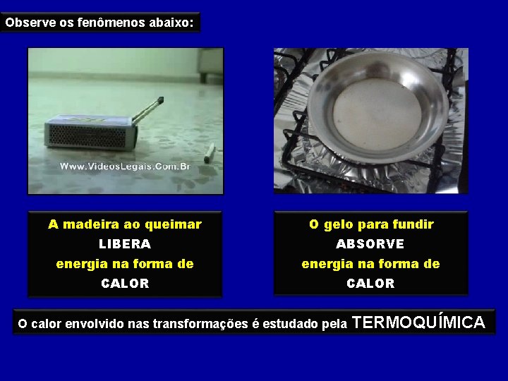 Observe os fenômenos abaixo: A madeira ao queimar O gelo para fundir LIBERA ABSORVE