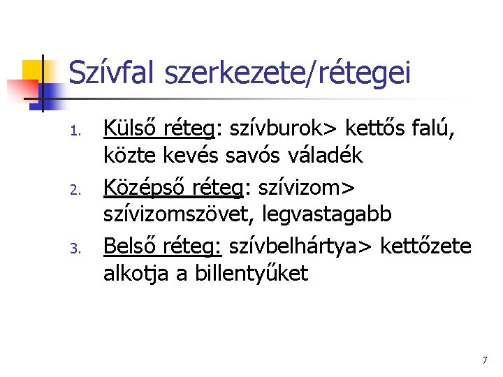 Szívfal szerkezete/rétegei 1. 2. 3. Külső réteg: szívburok> kettős falú, közte kevés savós váladék