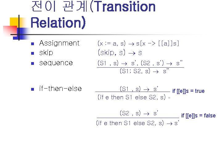 전이 관계(Transition Relation) (x : = a, s) s[x -> [[a]]s] n Assignment skip