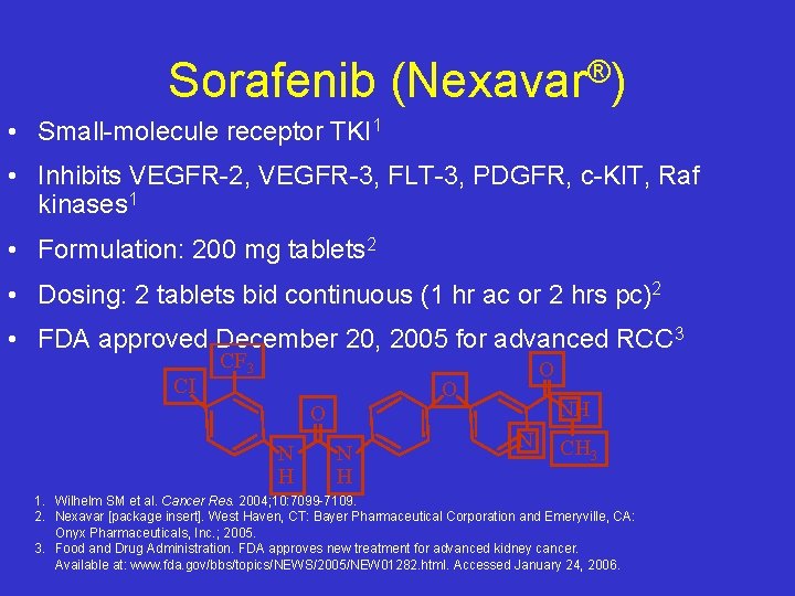Sorafenib ® (Nexavar ) • Small-molecule receptor TKI 1 • Inhibits VEGFR-2, VEGFR-3, FLT-3,