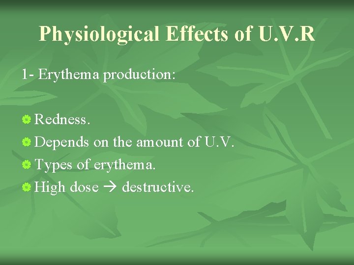 Physiological Effects of U. V. R 1 - Erythema production: | Redness. | Depends