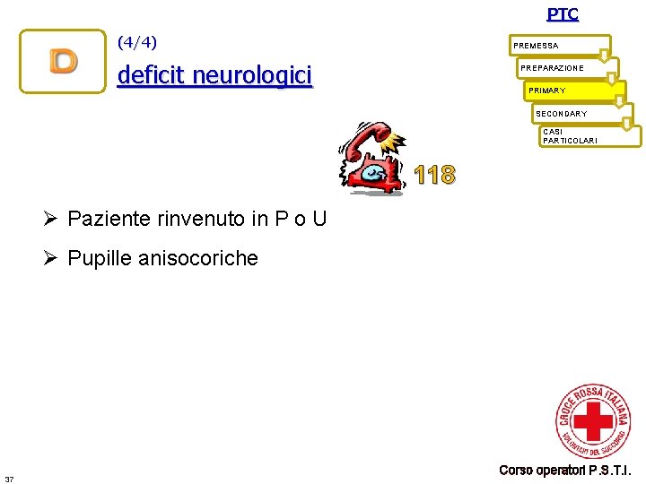 PTC (4/4) PREMESSA deficit neurologici PREPARAZIONE PRIMARY SECONDARY CASI PARTICOLARI 118 Ø Paziente rinvenuto