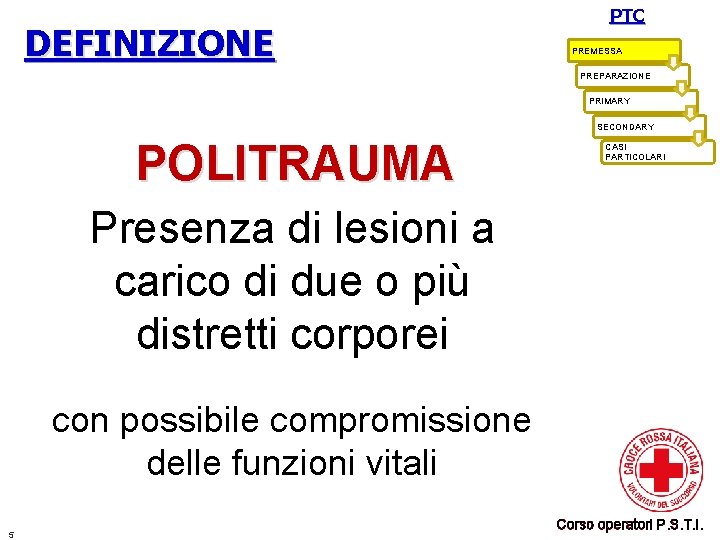 DEFINIZIONE PTC PREMESSA PREPARAZIONE PRIMARY SECONDARY POLITRAUMA CASI PARTICOLARI Presenza di lesioni a carico