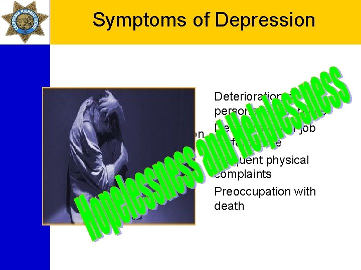 Symptoms of Depression Change in sleep Change in appetite Loss of energy, motivation Loss