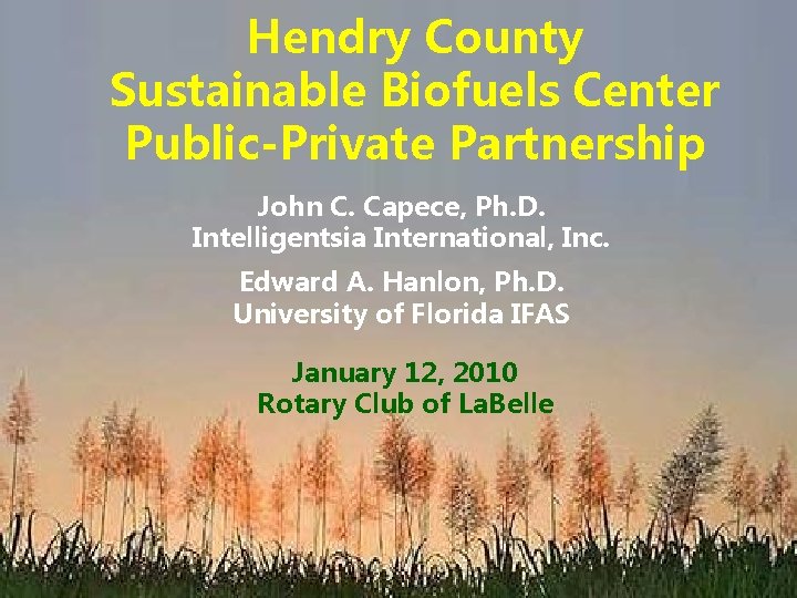 Hendry County Sustainable Biofuels Center Public-Private Partnership John C. Capece, Ph. D. Intelligentsia International,