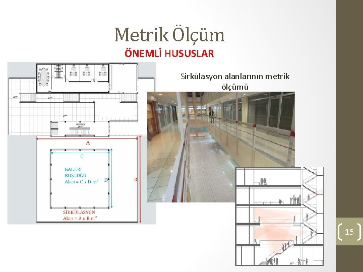 Metrik Ölçüm ÖNEMLİ HUSUSLAR Sirkülasyon alanlarının metrik ölçümü 15 