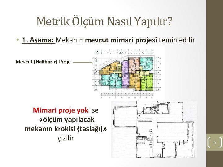 Metrik Ölçüm Nasıl Yapılır? • 1. Aşama: Mekanın mevcut mimari projesi temin edilir Mevcut