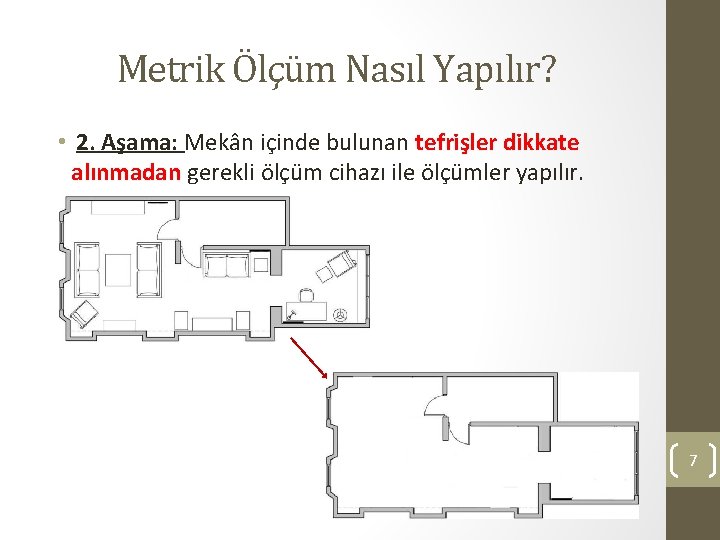 Metrik Ölçüm Nasıl Yapılır? • 2. Aşama: Mekân içinde bulunan tefrişler dikkate alınmadan gerekli