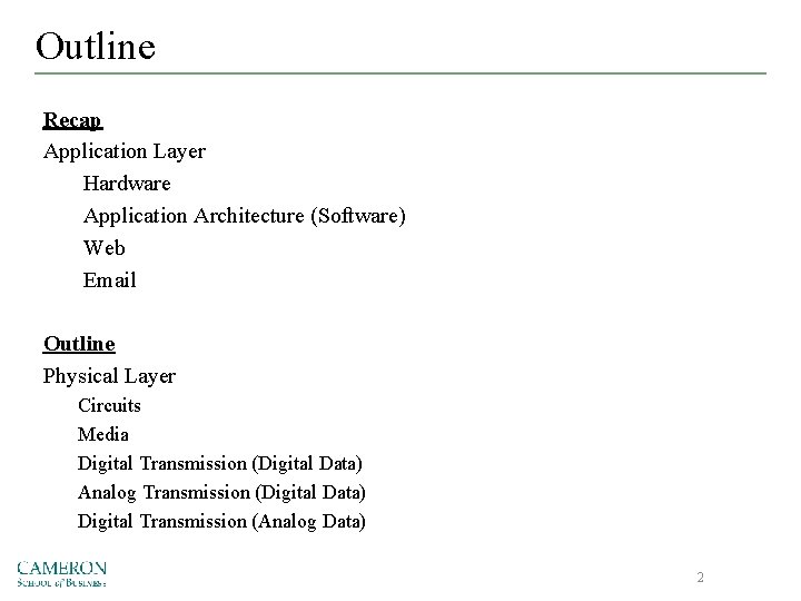 Outline Recap Application Layer Hardware Application Architecture (Software) Web Email Outline Physical Layer Circuits