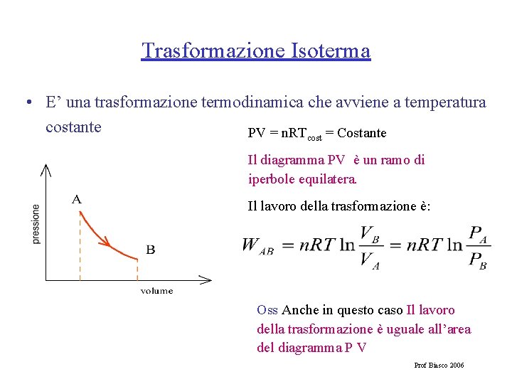 Trasformazione Isoterma • E’ una trasformazione termodinamica che avviene a temperatura costante PV =