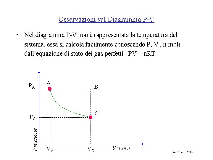 Osservazioni sul Diagramma P-V • Nel diagramma P-V non è rappresentata la temperatura del