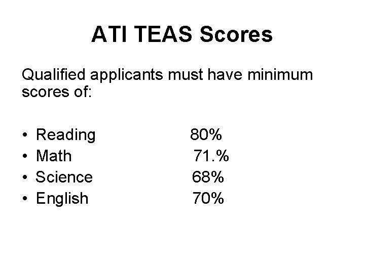 ATI TEAS Scores Qualified applicants must have minimum scores of: • Reading 80% • ATI TEAS Scores Qualified applicants must have minimum scores of: • Reading 80% •