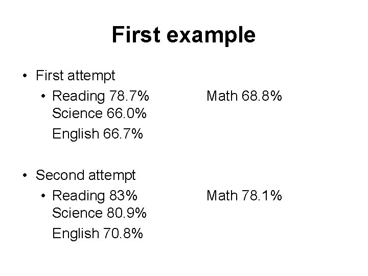 First example • First attempt • Reading 78. 7% Science 66. 0% English 66.