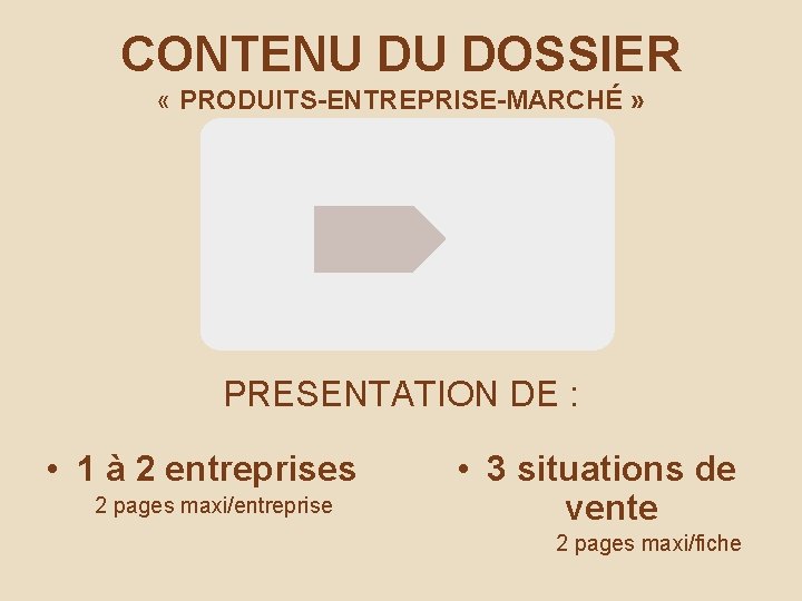 CONTENU DU DOSSIER « PRODUITS-ENTREPRISE-MARCHÉ » PRESENTATION DE : • 1 à 2 entreprises