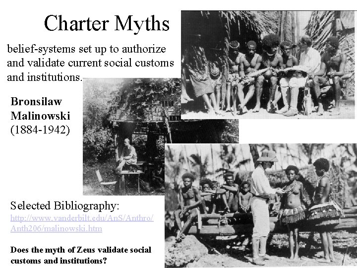 Charter Myths belief-systems set up to authorize and validate current social customs and institutions. Charter Myths belief-systems set up to authorize and validate current social customs and institutions.