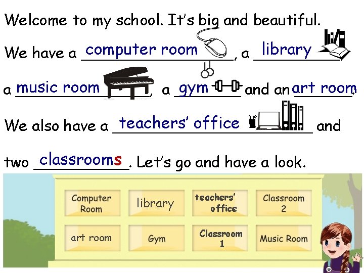 Welcome to my school. It’s big and beautiful. computer room library We have a