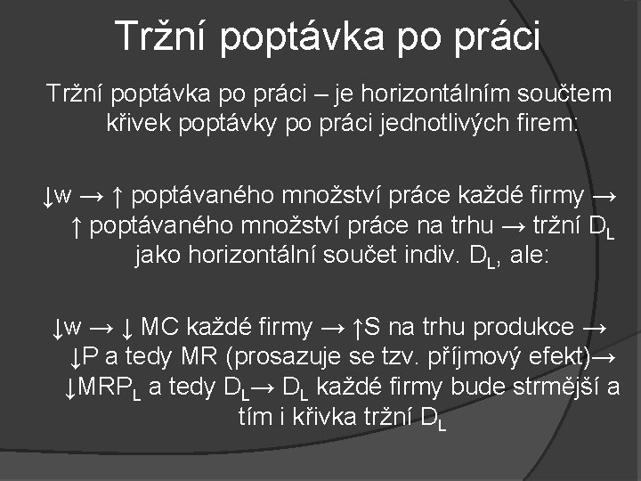 Tržní poptávka po práci – je horizontálním součtem křivek poptávky po práci jednotlivých firem: