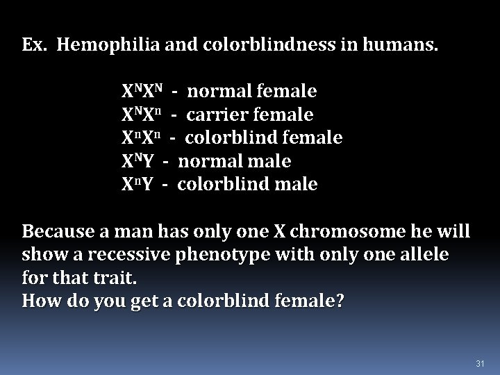 Ex. Hemophilia and colorblindness in humans. XNXN - normal female XNXn - carrier female
