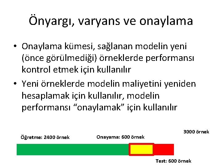 Önyargı, varyans ve onaylama • Onaylama kümesi, sağlanan modelin yeni (önce görülmediği) örneklerde performansı Önyargı, varyans ve onaylama • Onaylama kümesi, sağlanan modelin yeni (önce görülmediği) örneklerde performansı