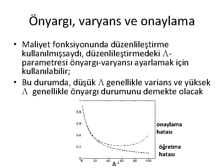 Önyargı, varyans ve onaylama • Maliyet fonksiyonunda düzenlileştirme kullanılmışsaydı, düzenlileştirmedeki parametresi önyargı-varyansı ayarlamak için Önyargı, varyans ve onaylama • Maliyet fonksiyonunda düzenlileştirme kullanılmışsaydı, düzenlileştirmedeki parametresi önyargı-varyansı ayarlamak için