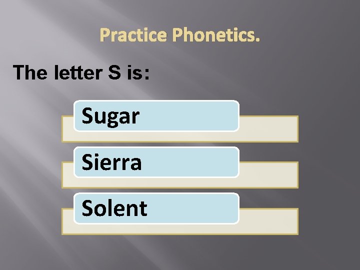 Practice Phonetics. The letter S is: Sugar Sierra Solent 