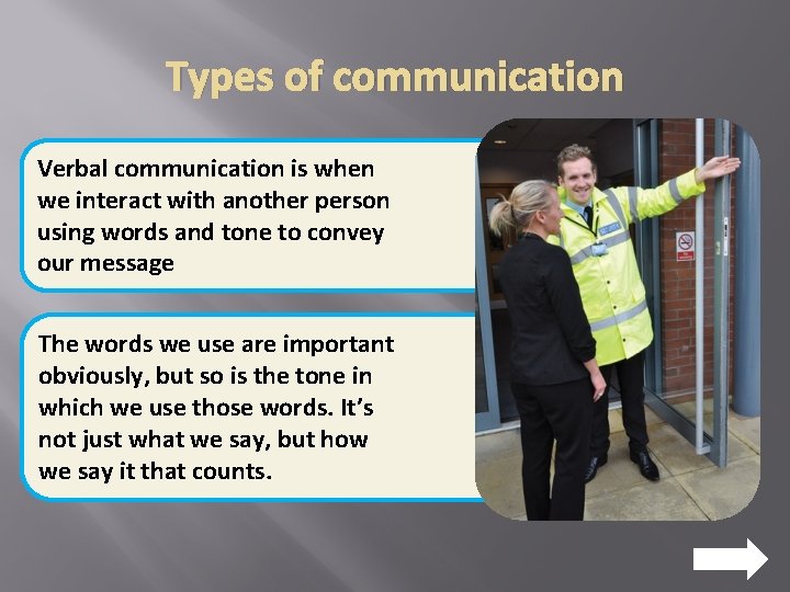 Types of communication Verbal communication is when we interact with another person using words