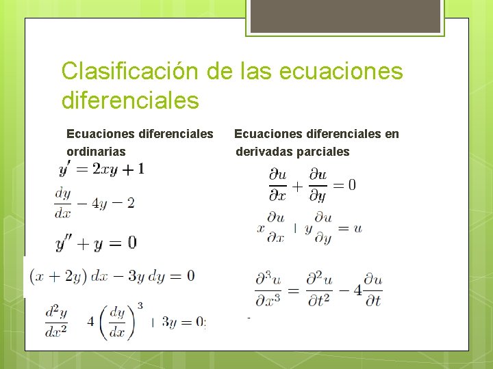 Clasificación de las ecuaciones diferenciales Ecuaciones diferenciales ordinarias Ecuaciones diferenciales en derivadas parciales 