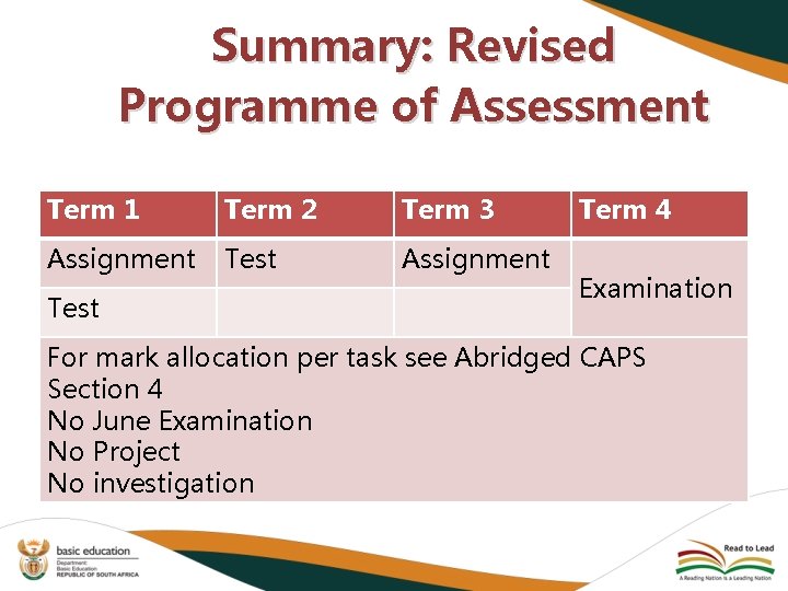 Summary: Revised Programme of Assessment Term 1 Term 2 Term 3 Assignment Test Term