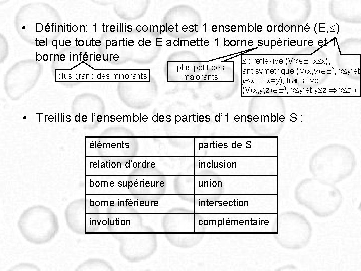  • Définition: 1 treillis complet est 1 ensemble ordonné (E, ) tel que