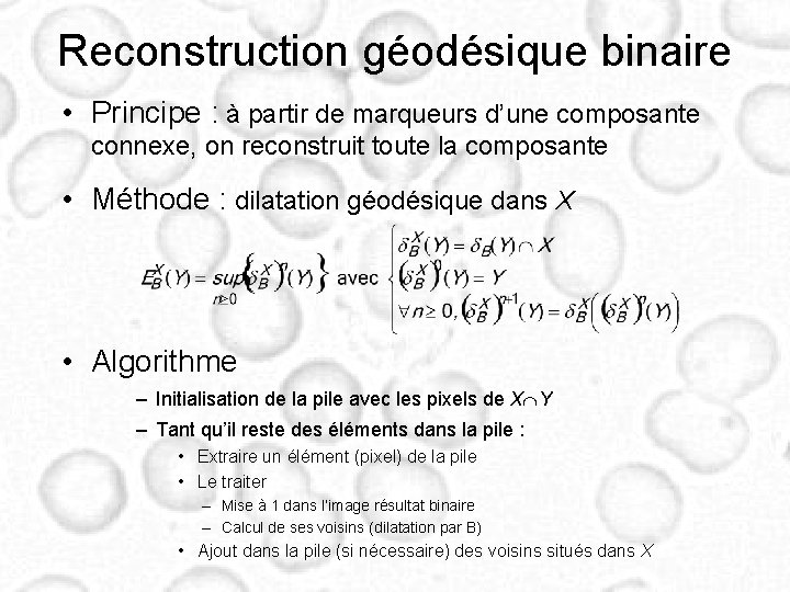 Reconstruction géodésique binaire • Principe : à partir de marqueurs d’une composante connexe, on