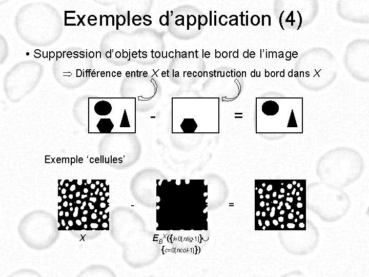 Exemples d’application (4) • Suppression d’objets touchant le bord de l’image Différence entre X