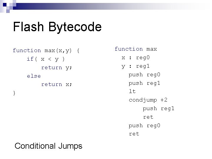 Flash Bytecode function max(x, y) { if( x < y ) return y; else Flash Bytecode function max(x, y) { if( x < y ) return y; else