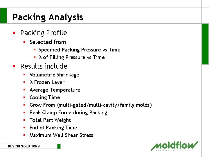 Packing Analysis § Packing Profile § Selected from § Specified Packing Pressure vs Time