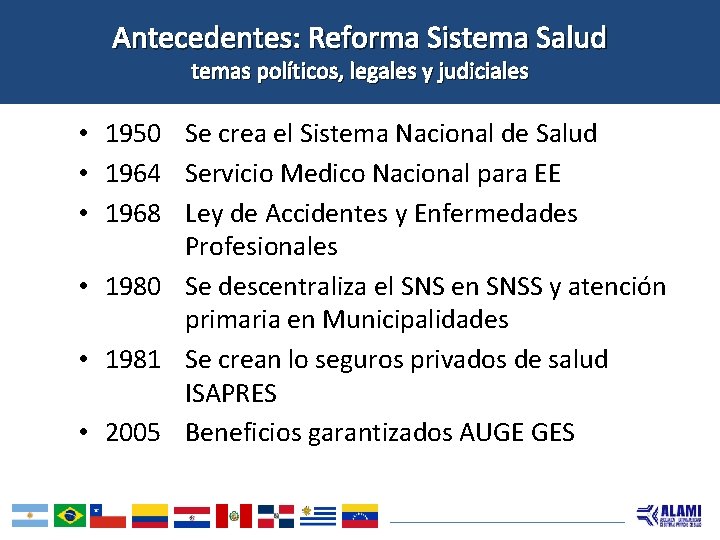 Antecedentes: Reforma Sistema Salud temas políticos, legales y judiciales • 1950 Se crea el