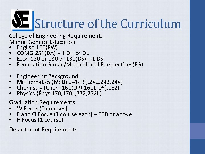 Structure of the Curriculum College of Engineering Requirements Manoa General Education • English 100(FW)