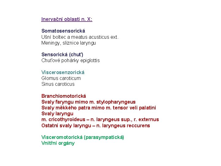 Inervační oblasti n. X: Somatosensorická Ušní boltec a meatus acusticus ext. Meningy, sliznice laryngu